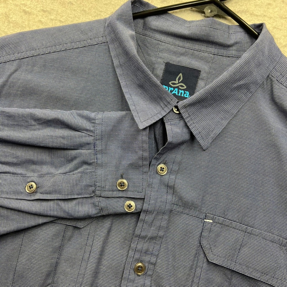 Prana Breathe Mens XL Blue Micro Check Long Sleeve Button Down Shirt Hiking 1524